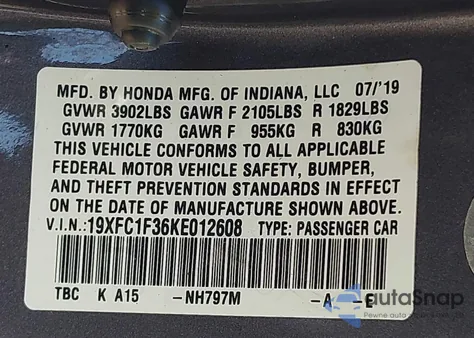 2019 Honda Civic Ex из США, поврежденный, VIN 19XFC1F36KE012608